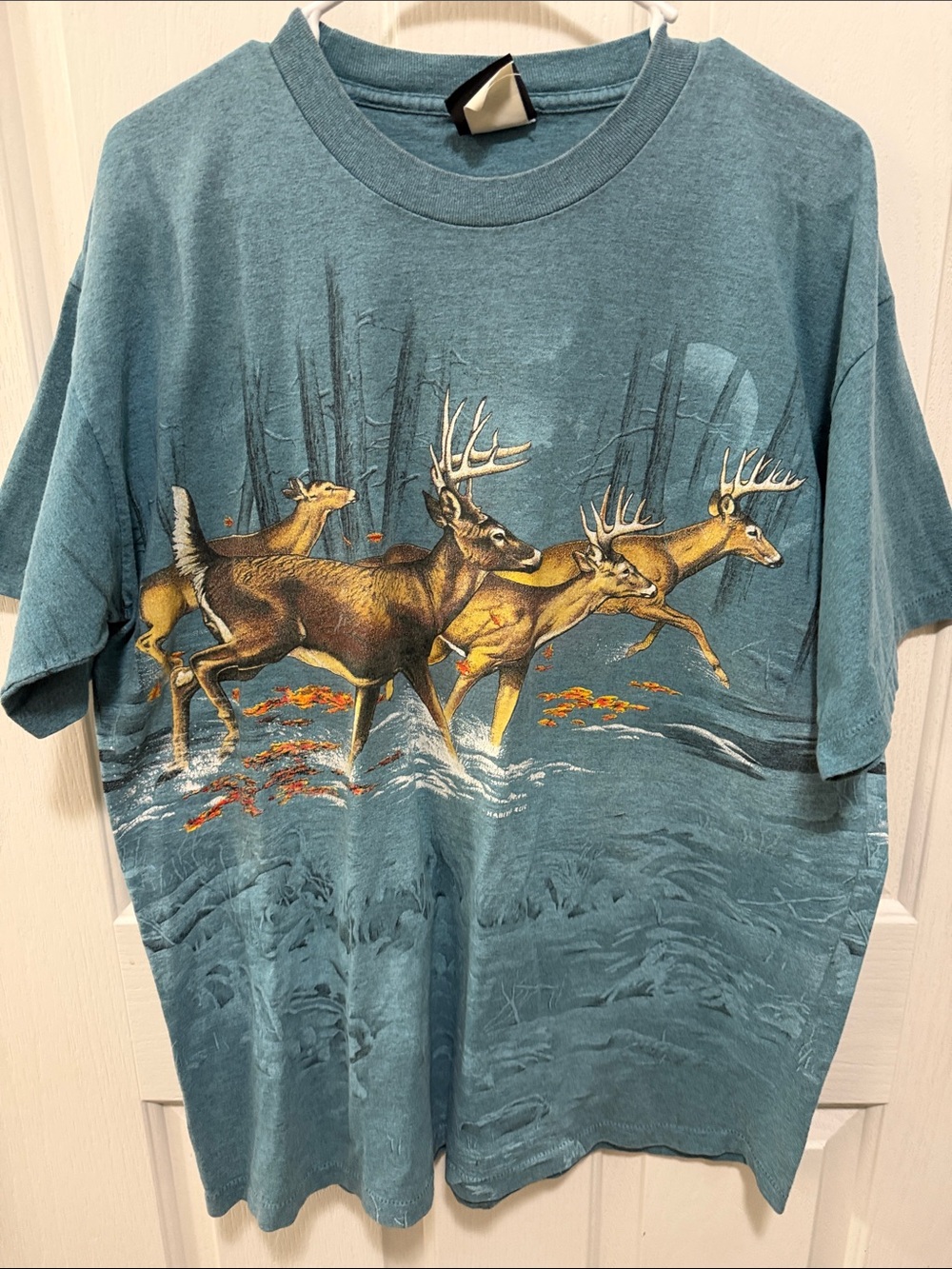 Men's Teal Short-Sleeve Double Sided Graphic Deer T-Shirt Single Stitch